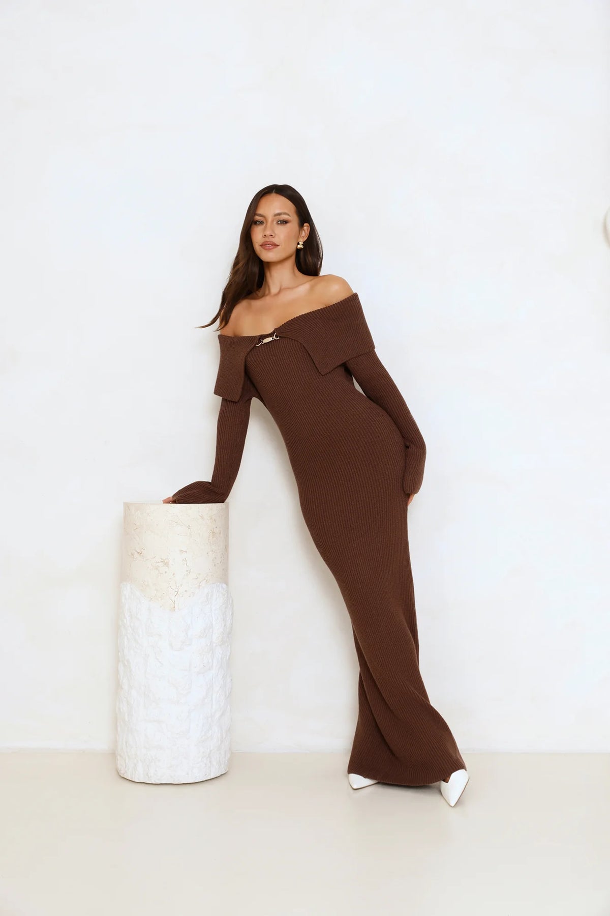 Simple Silhouettes Knit Off Shoulder Maxi Dress Brown