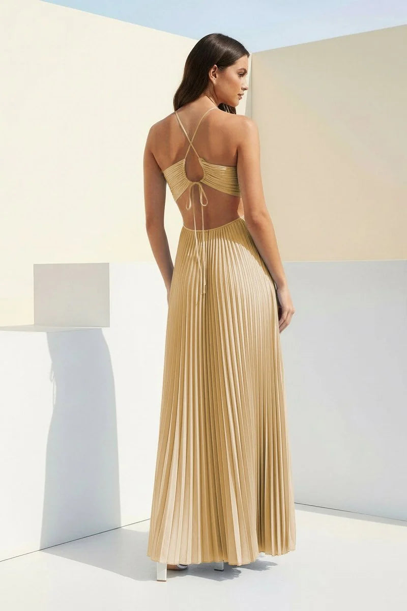 Sky Blue Halter Pleated Satin A Line Prom Dresses With Cutout