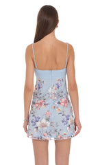 Light Blue Floral Ruched Mini Dress