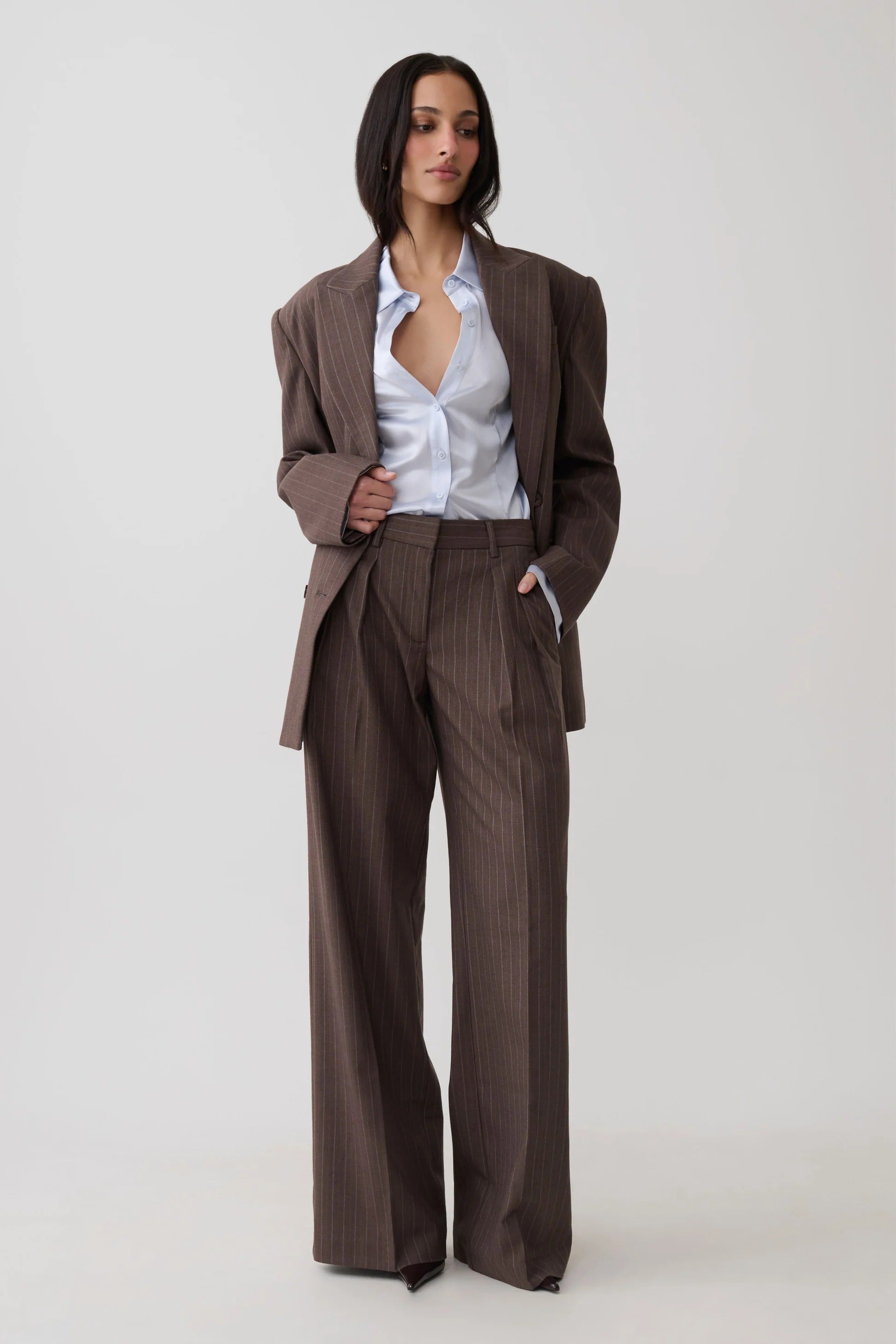 Straight Leg Suiting Pants - Brown Stripe