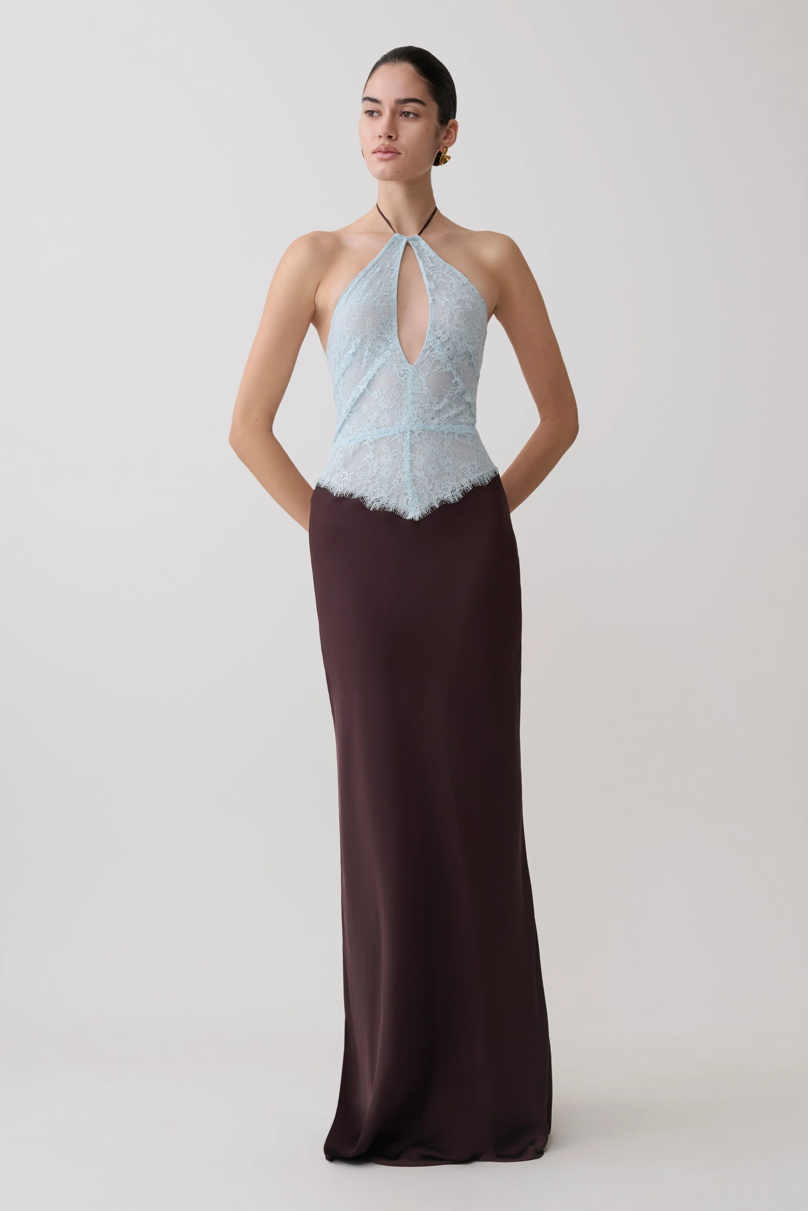 Sascha Lace And Satin Halter Maxi Dress - Ice Blue/Chocolate