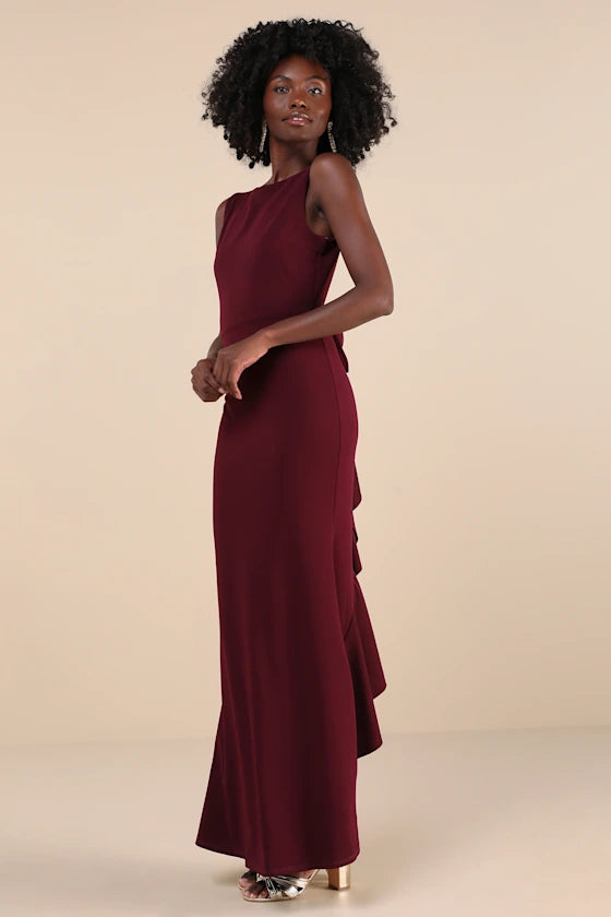 Exquisite Refinement Plum Purple Backless Bow Ruffled Maxi Dress