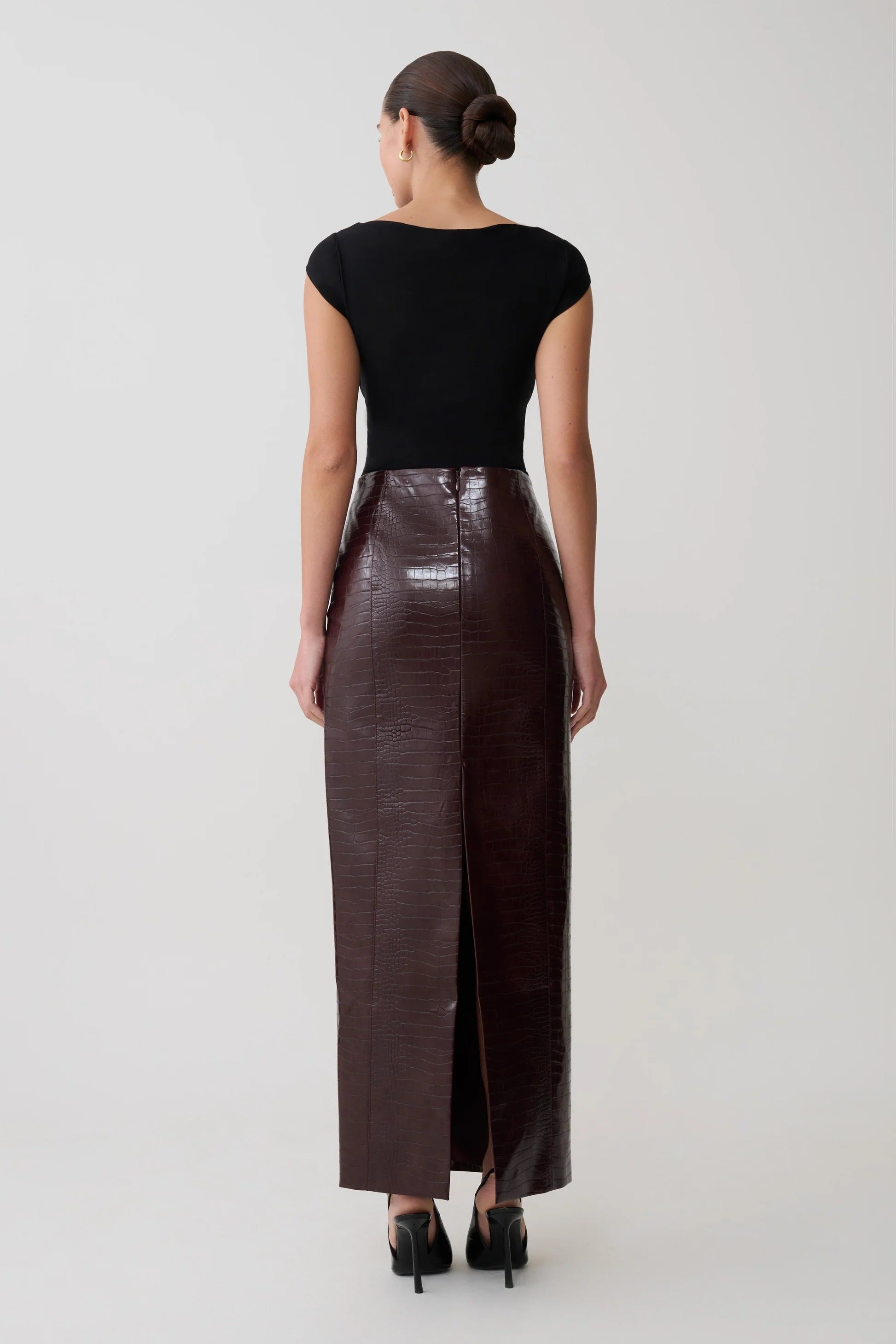 Croc Faux Leather Midi Skirt - Merlot