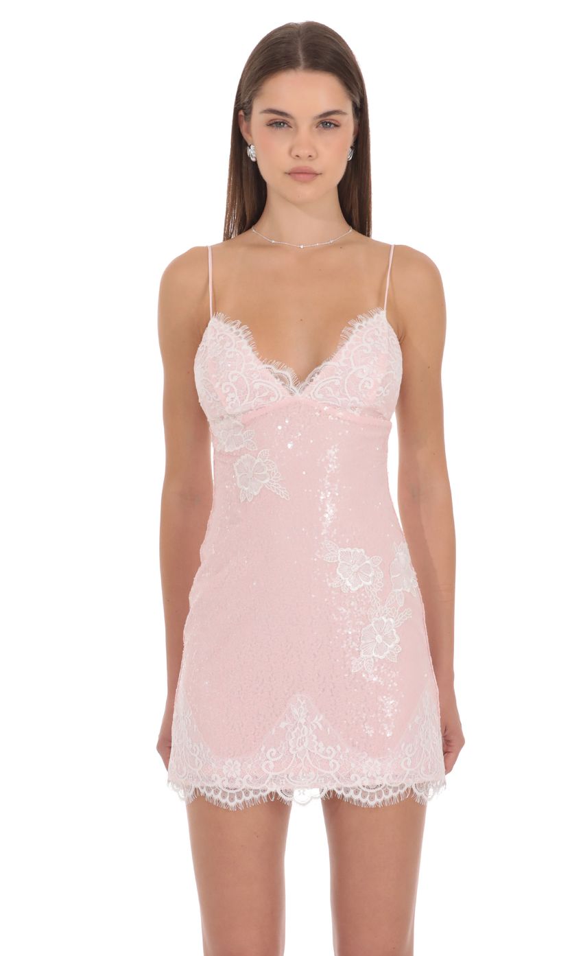 Lace Sequin Mini Dress in Pink