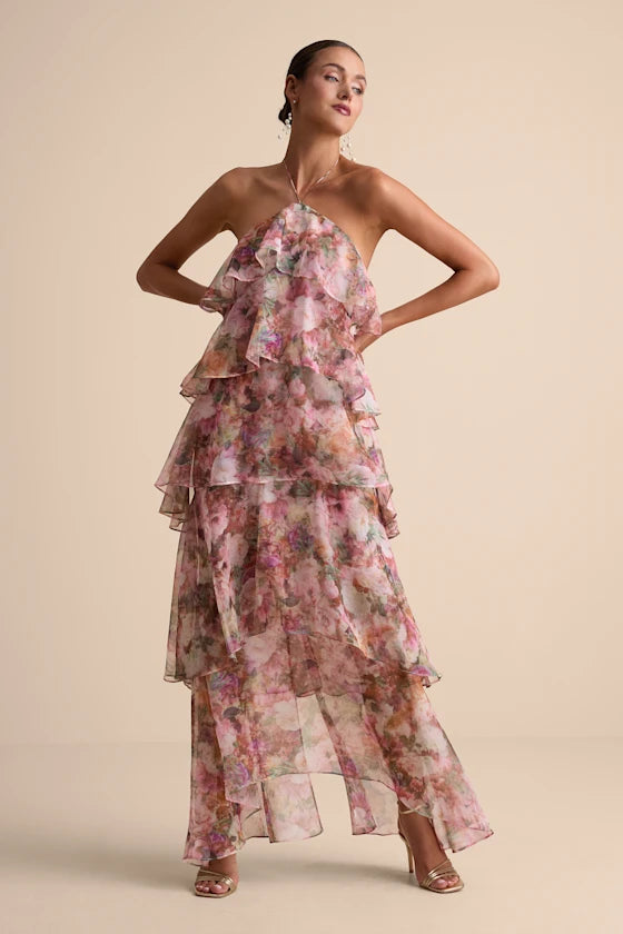 Melody Pink Floral Tiered Halter Maxi Dress