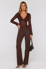 Somewhere Fun Long Sleeve Lace Top Brown