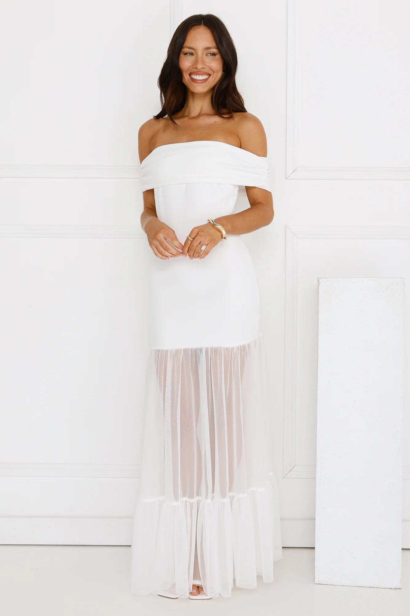 Moonbeam Reverie Off Shoulder Maxi Dress White