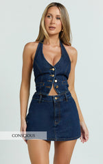 Mid Waisted Recycled Denim Skort in Indigo Wash