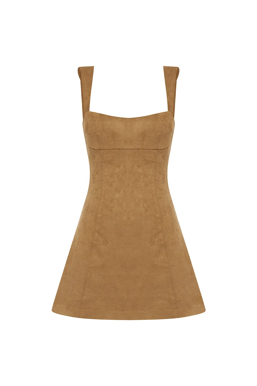 ZAELA SQUARE NECK FITTED MINI DRESS - TAN