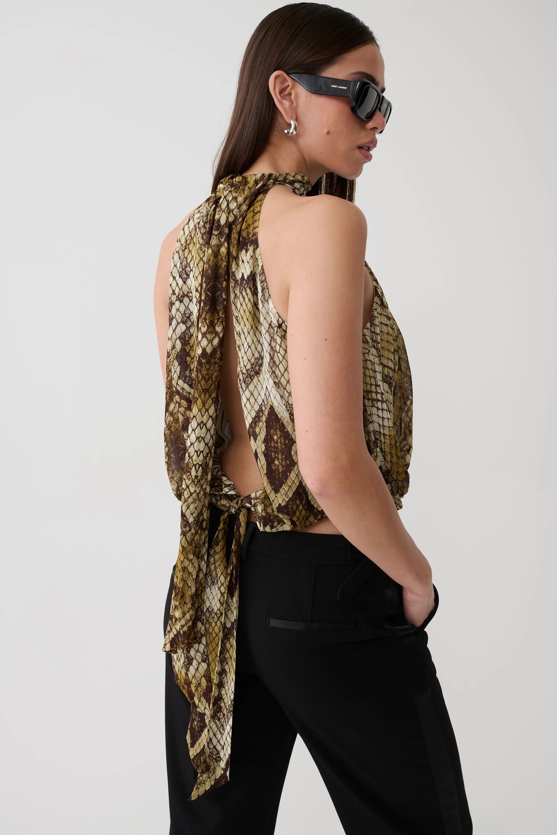 Tie Back Chiffon Sleeveless Top - Snake Print