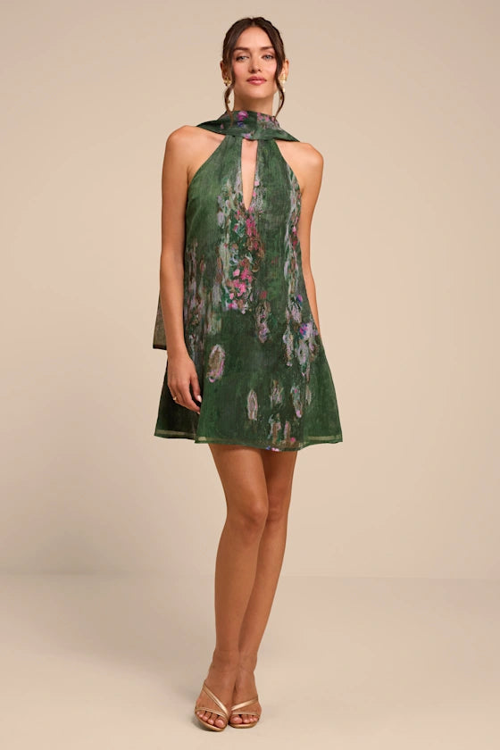 Calixta Green Abstract Print Sash Mini Dress