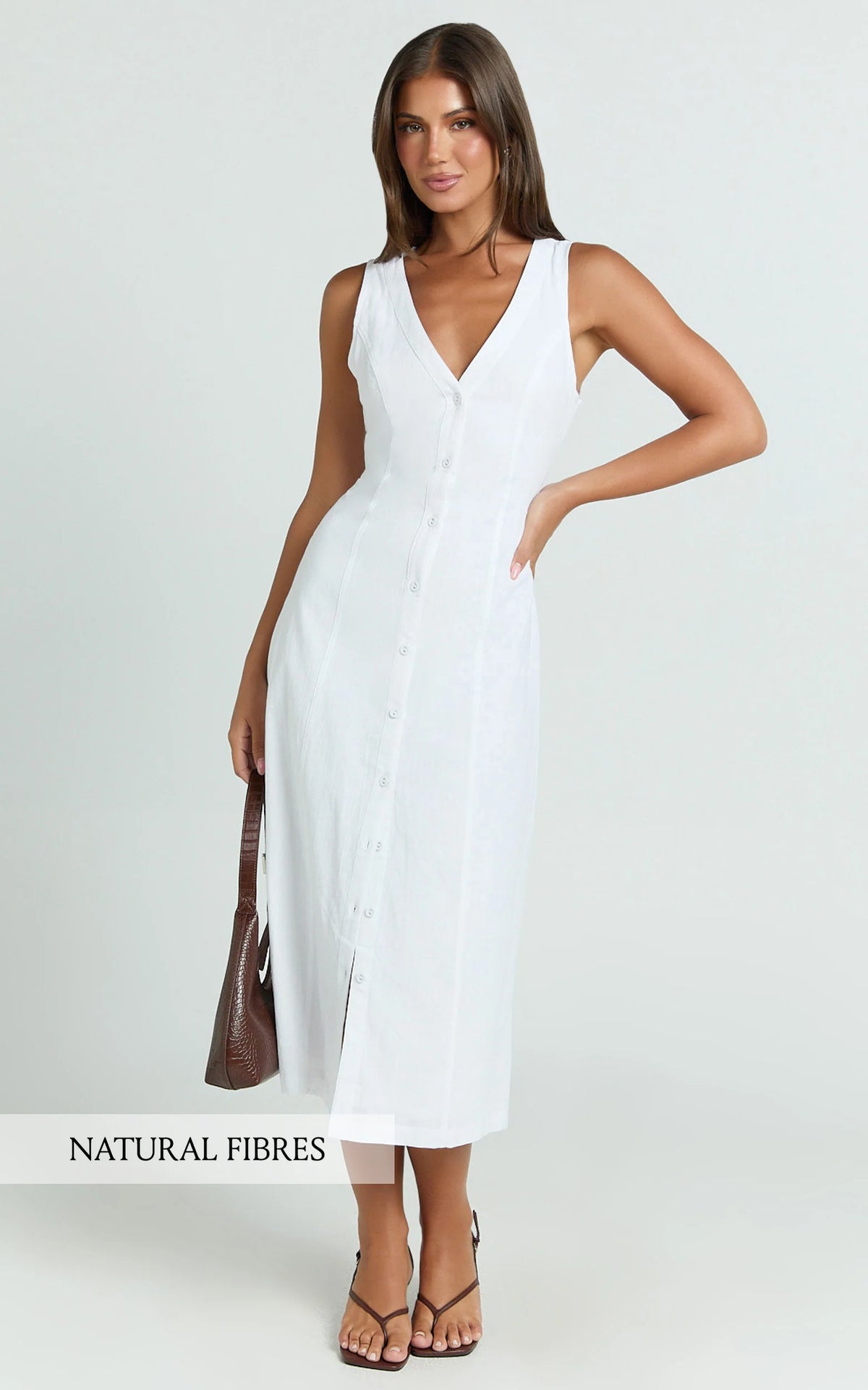 Button Through V Neck Dress in White