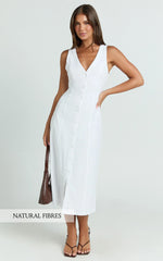 Button Through V Neck Dress in White