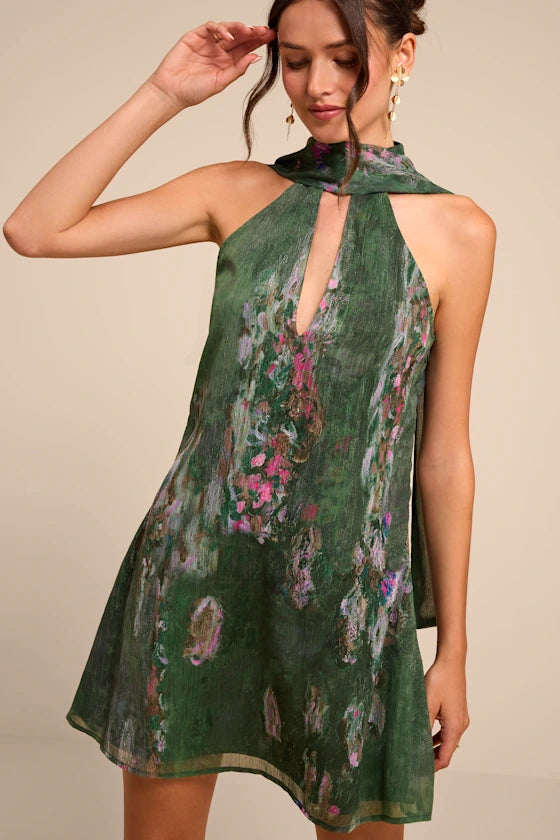Calixta Green Abstract Print Sash Mini Dress
