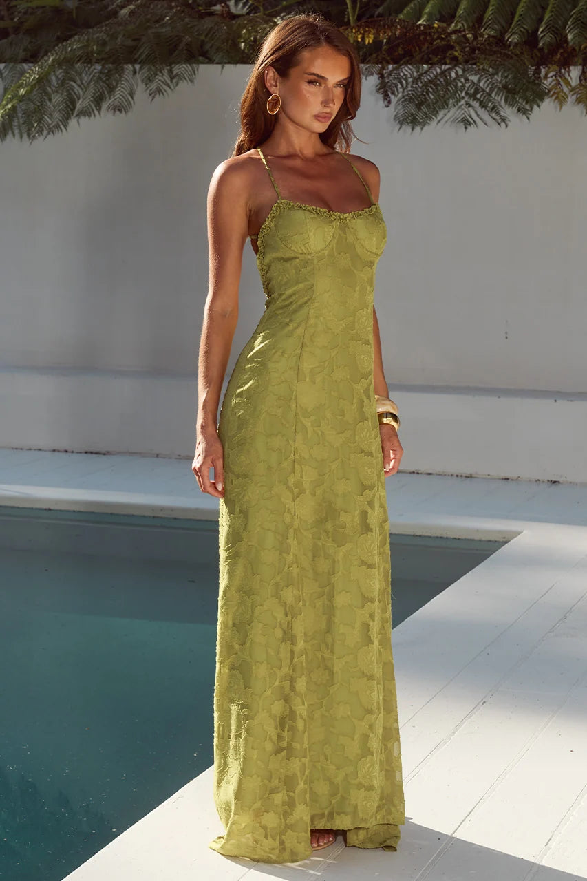 ELLERBY FRILL TRIM MAXI DRESS - OLIVE
