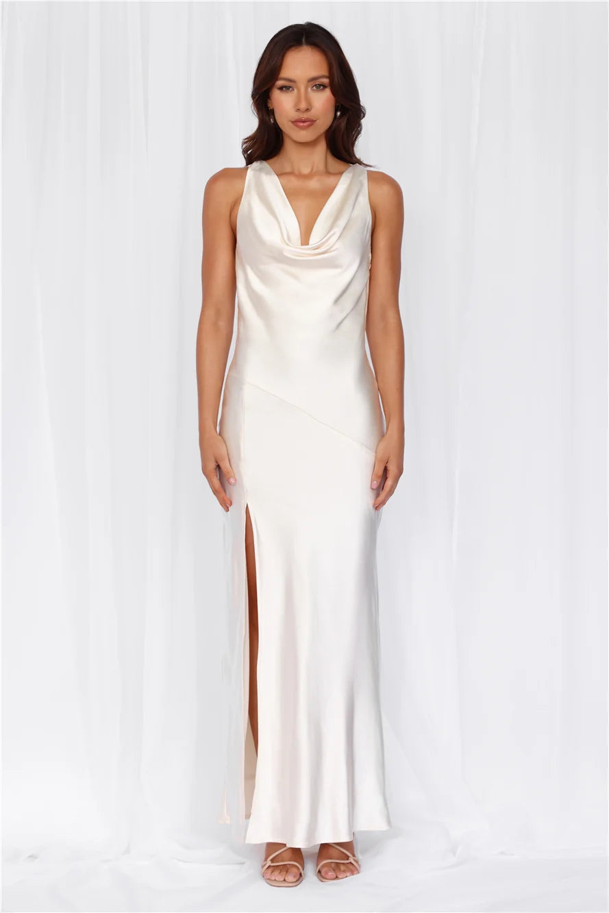 The Loretta Cowl Satin Maxi Dress Pearl