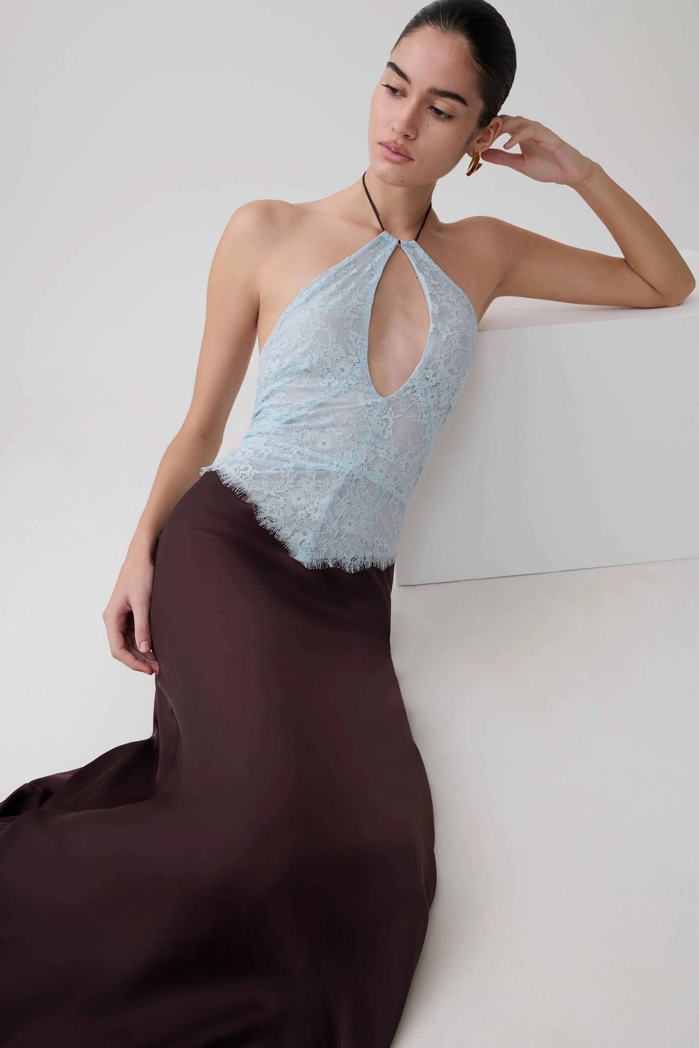 Sascha Lace And Satin Halter Maxi Dress - Ice Blue/Chocolate