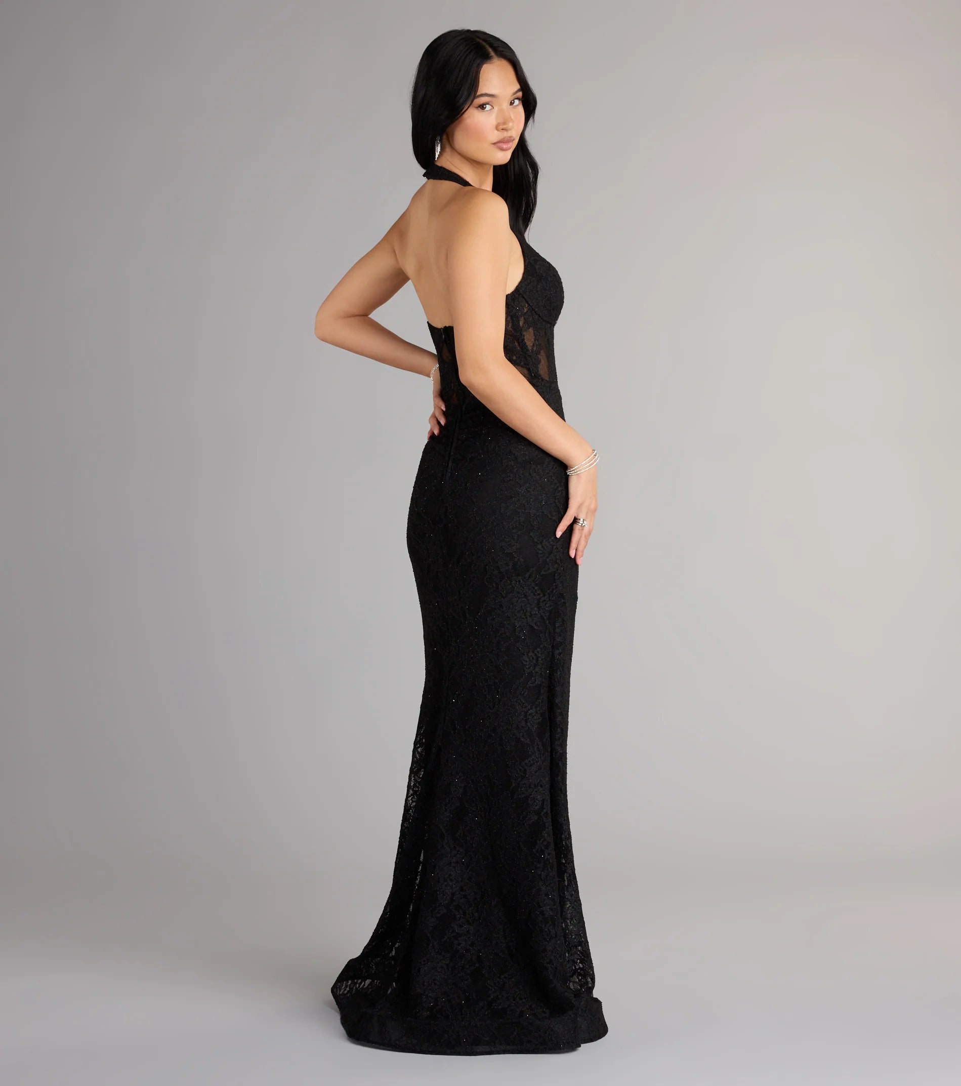 Cadie Halter Corset Slit Lace Formal Dress