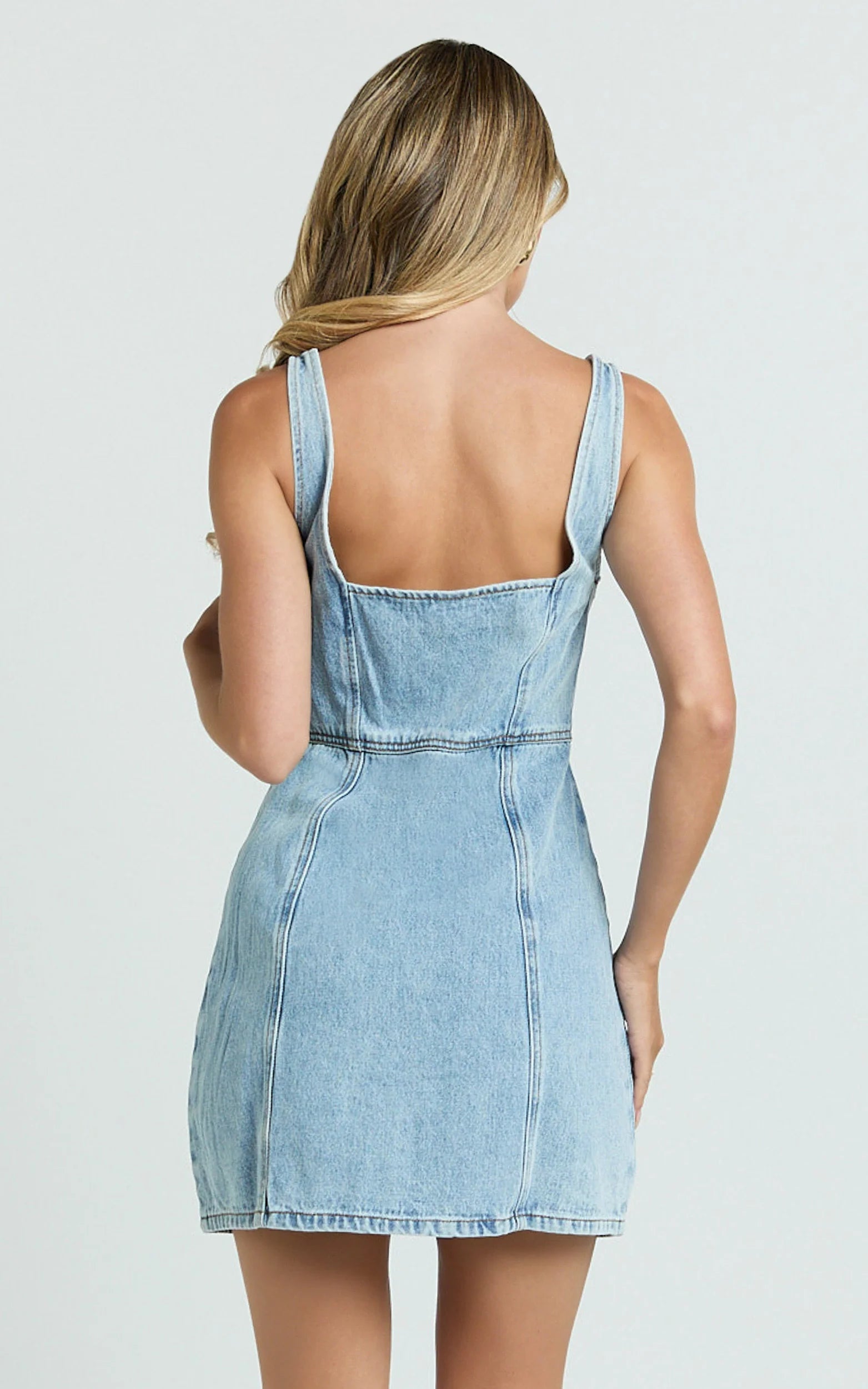 Square Neck Zip Front Sleeveless Bodycon Denim in Light Blue Wash