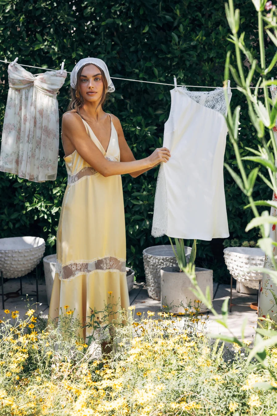 Val Lace Satin Slip Yellow Midi Dress