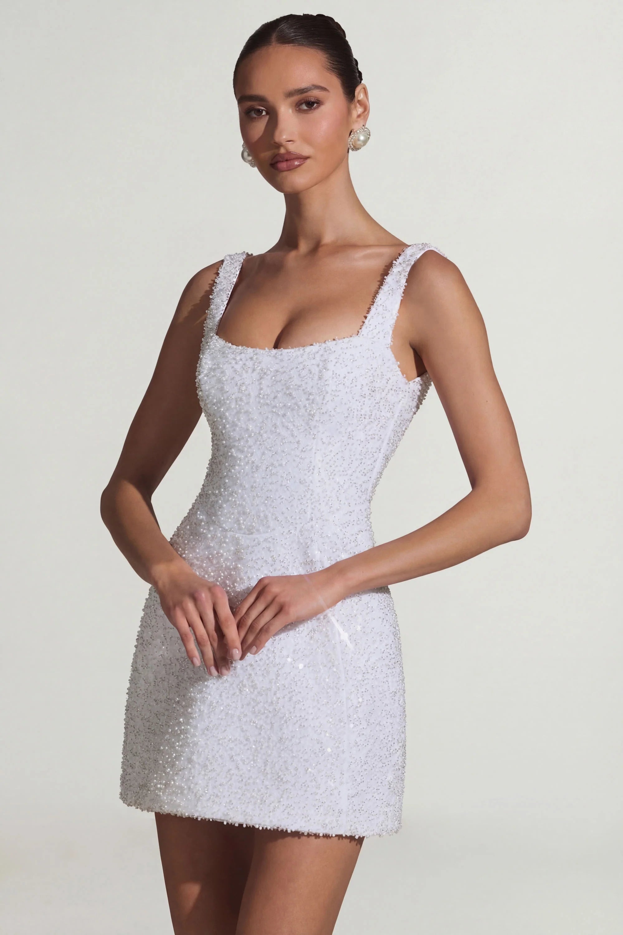 Embellished Structured A-Line Mini Dress in White