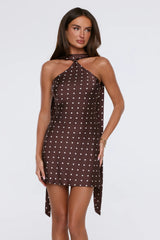 Style Watch Halter Satin Polka Dot Mini Dress Brown