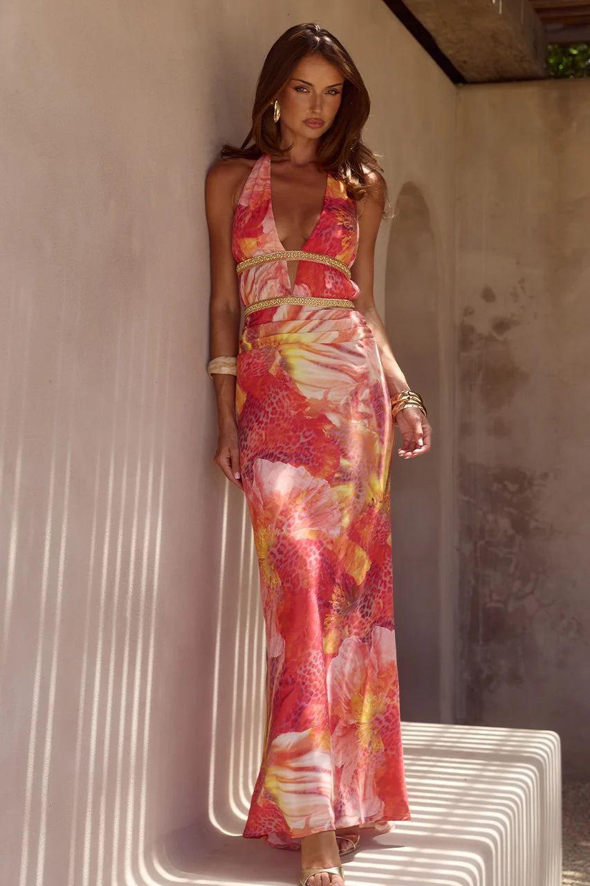 XYLIA HALTER LOW PLUNGE MAXI DRESS - KIARA PEACH