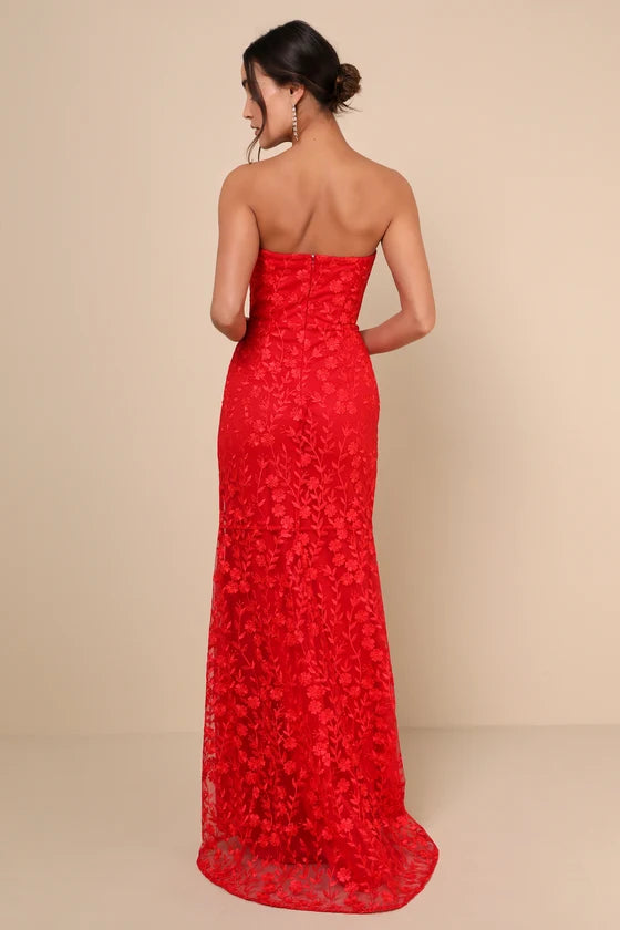 Romantic Beauty Red Floral Embroidered Strapless Maxi Dress
