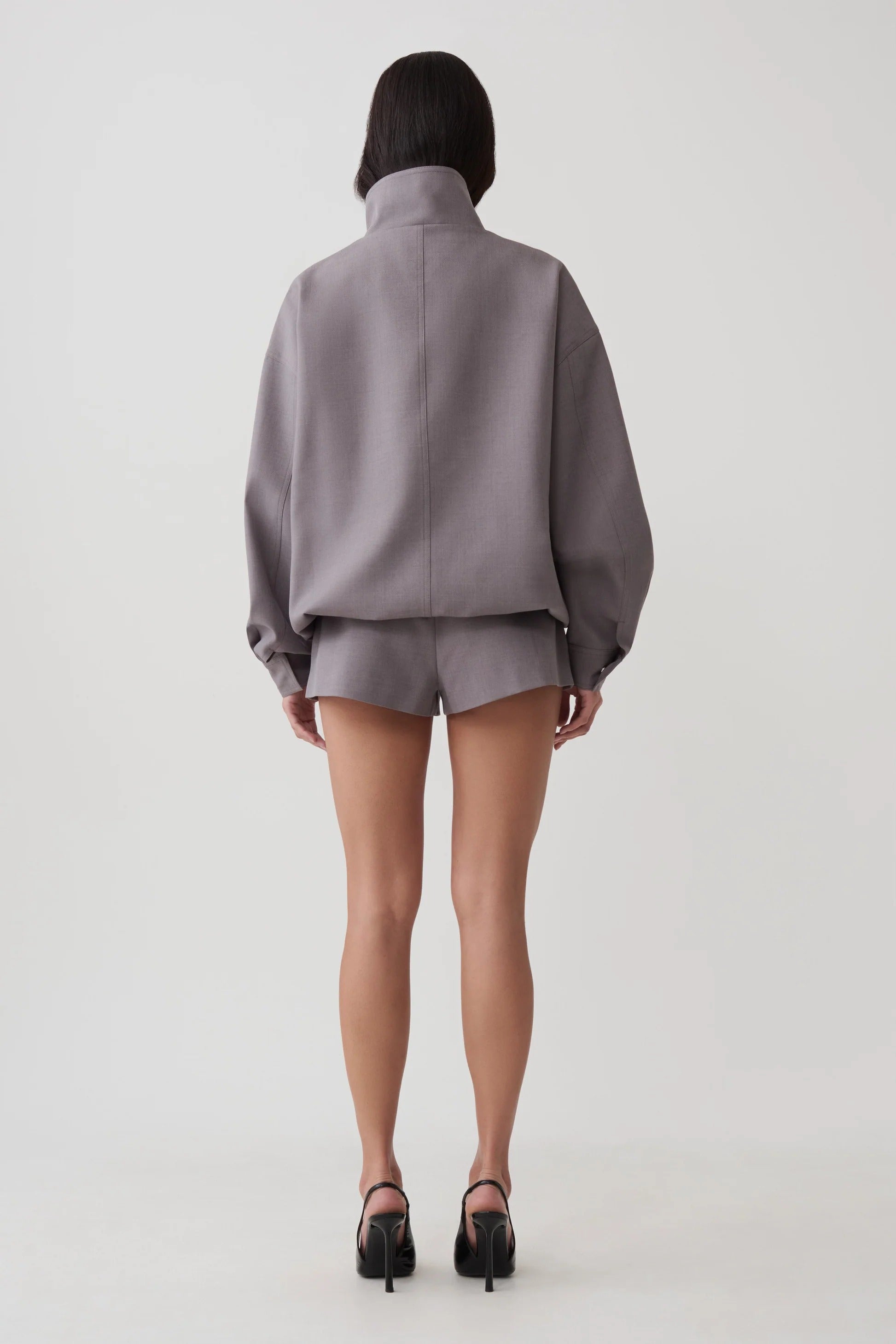 Funnel Neck Bomber Jacket - Light Grey Marle