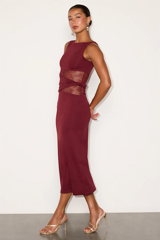 Klea Burgundy Lace Cutout Column Midi Dress