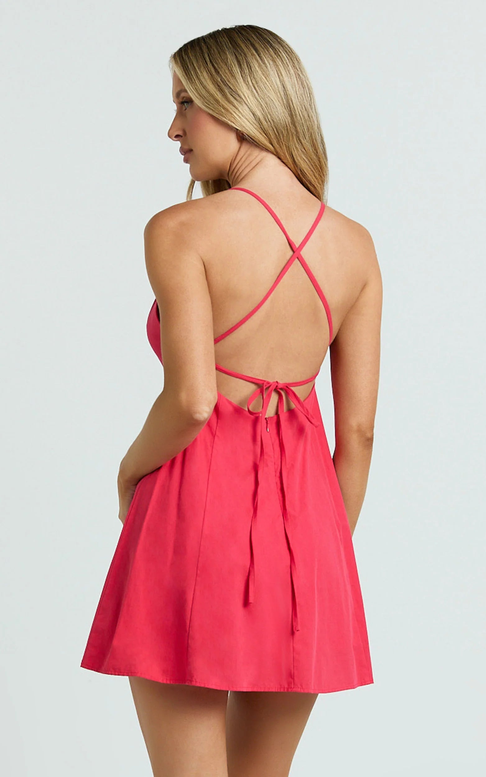 V Neck Bow Front Baby Doll Mini Dress in Red