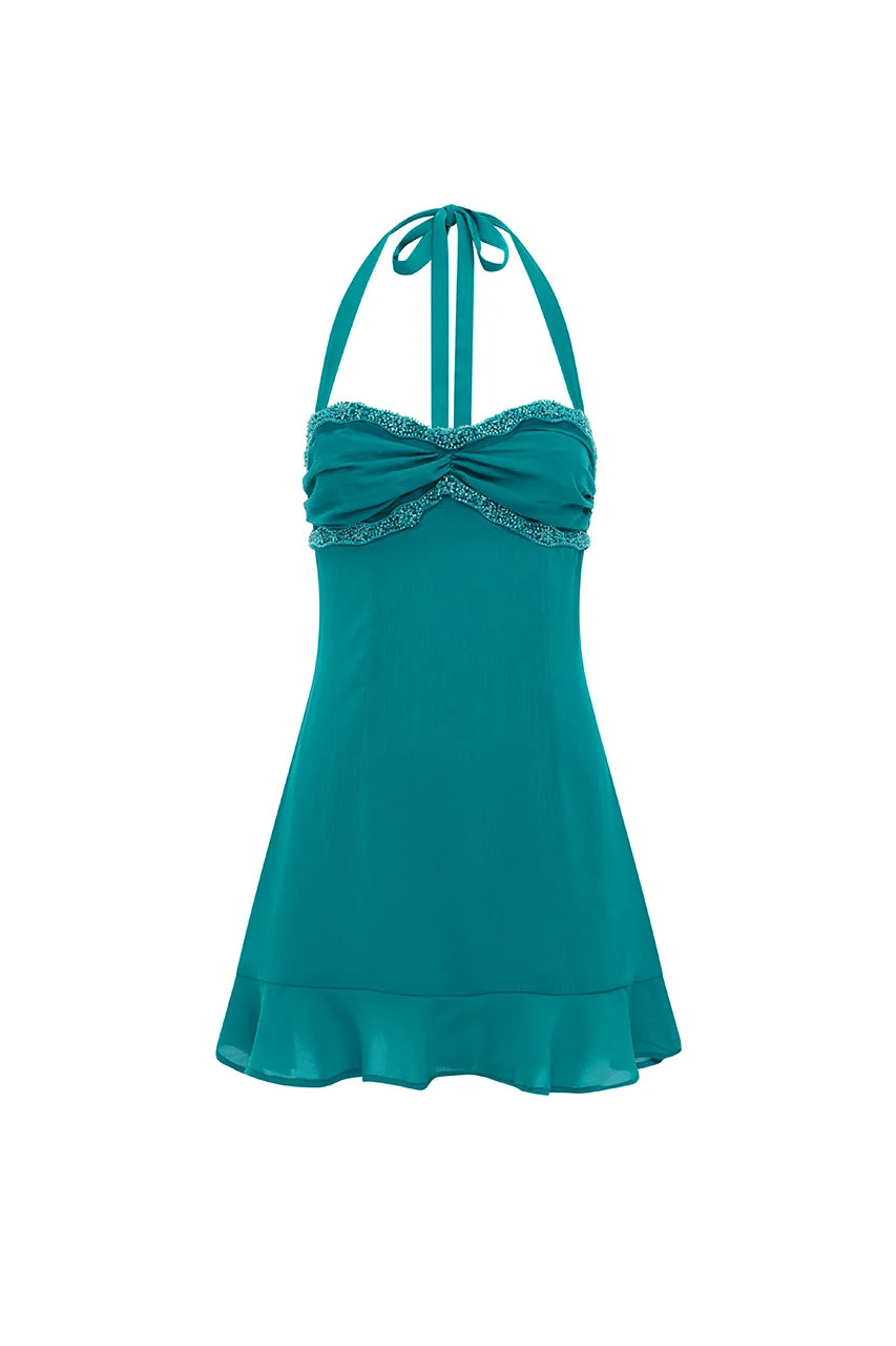 WAKE HALTER MINI DRESS - OCEAN