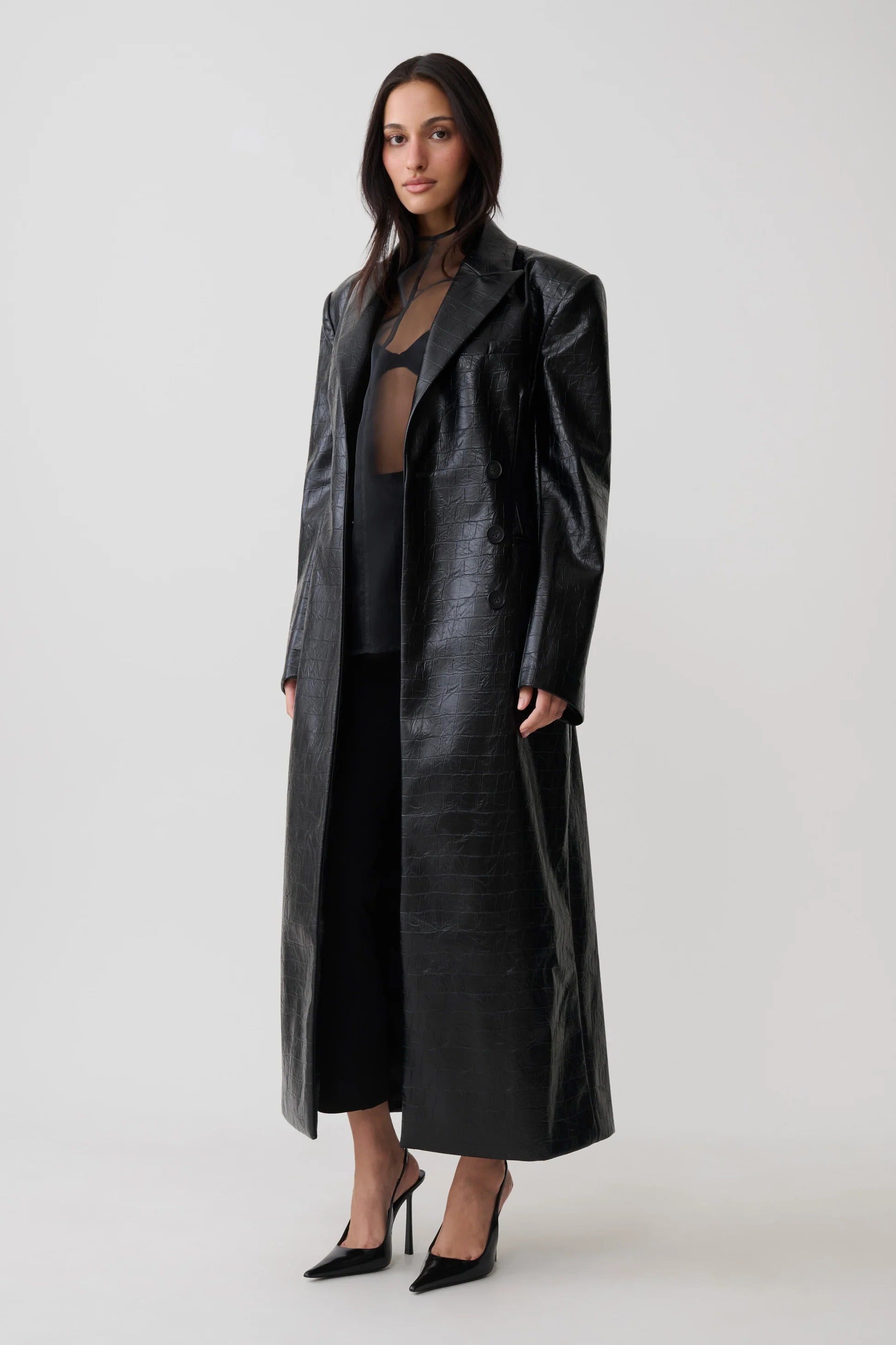 Croc Faux Leather Coat - Black