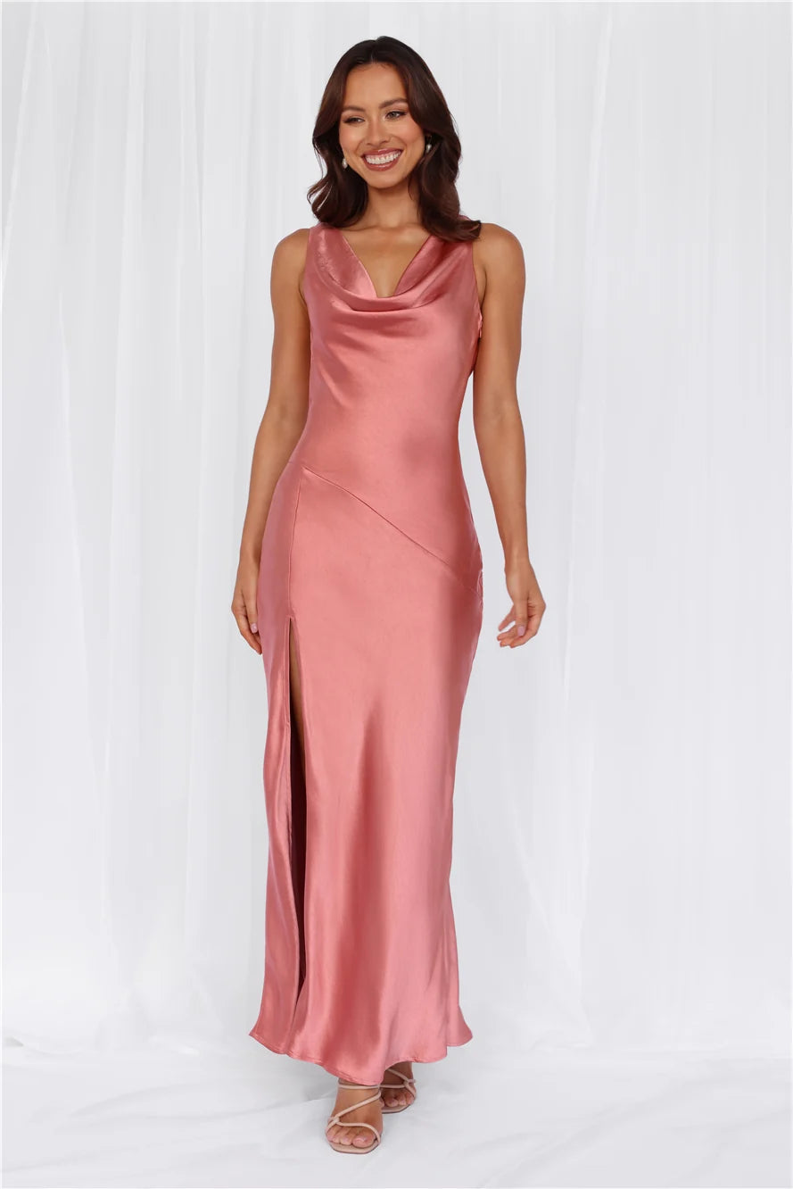 The Loretta Cowl Satin Maxi Dress Rose