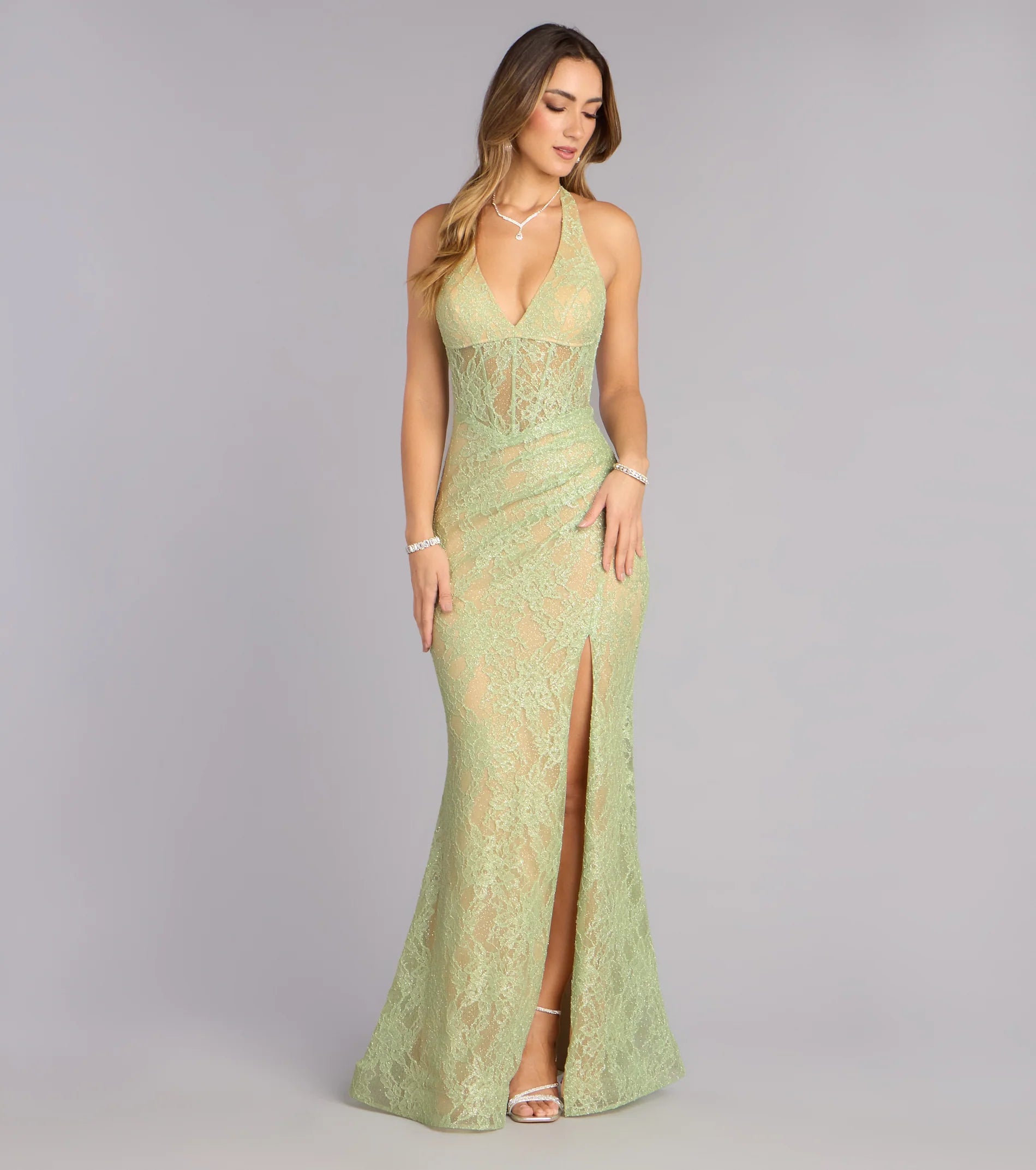 Cadie Halter Corset Slit Lace Formal Dress