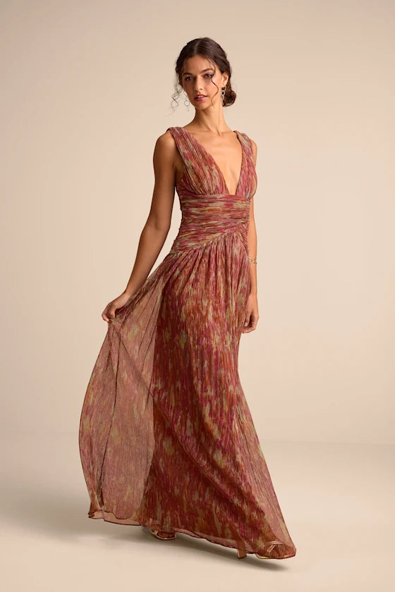 Evaluna Rust Abstract Print Lurex Pleated Maxi Dress