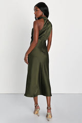 Distinctive Charm Olive Green Satin Asymmetrical Midi Dress
