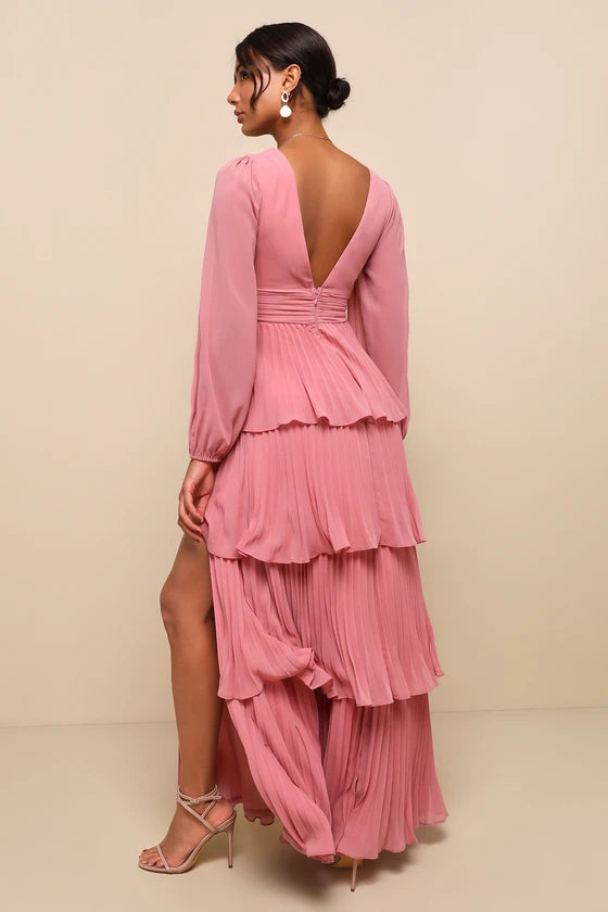 Graceful Finesse Dusty Rose Pleated Long Sleeve Maxi Dress