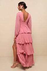 Graceful Finesse Dusty Rose Pleated Long Sleeve Maxi Dress