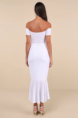 How Much I Care White Velvet Off-the-Shoulder Midi Dress