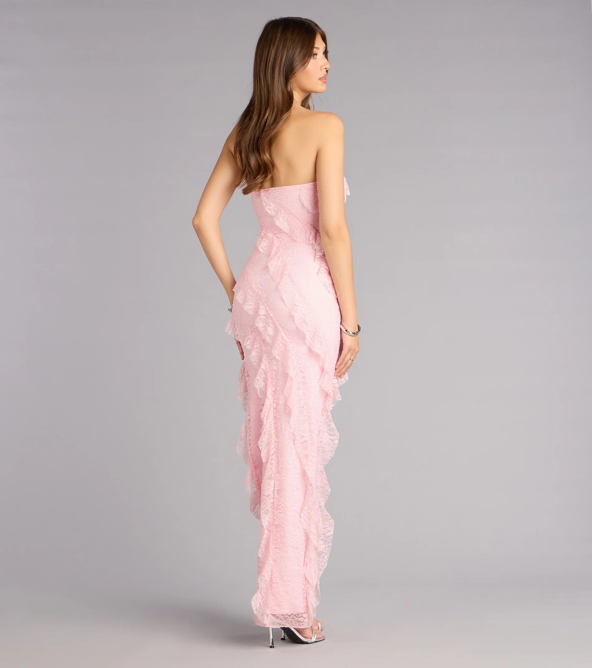 Ellie Ruffled Lace High Slit Formal Dress