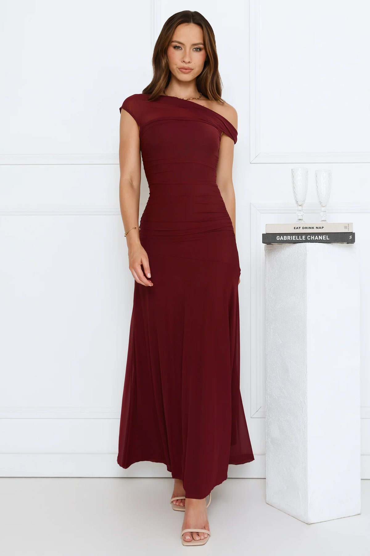 Dusk Noir Off Shoulder Maxi Dress Wine