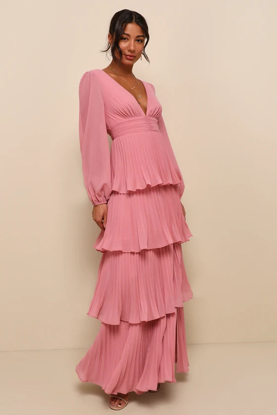 Graceful Finesse Dusty Rose Pleated Long Sleeve Maxi Dress