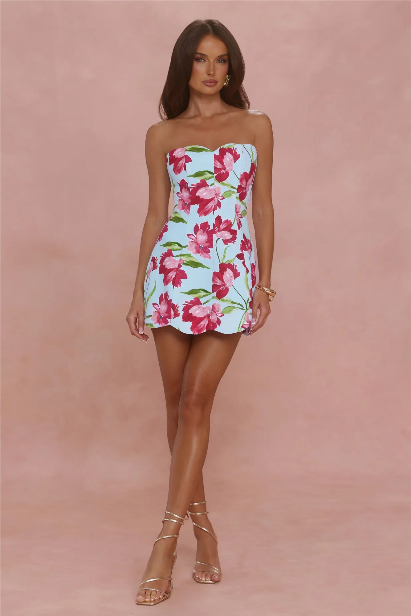 Crimson Bloom Strapless Mini Dress Blue