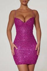 Embellished Sweetheart-Neck Mini Dress in Magenta